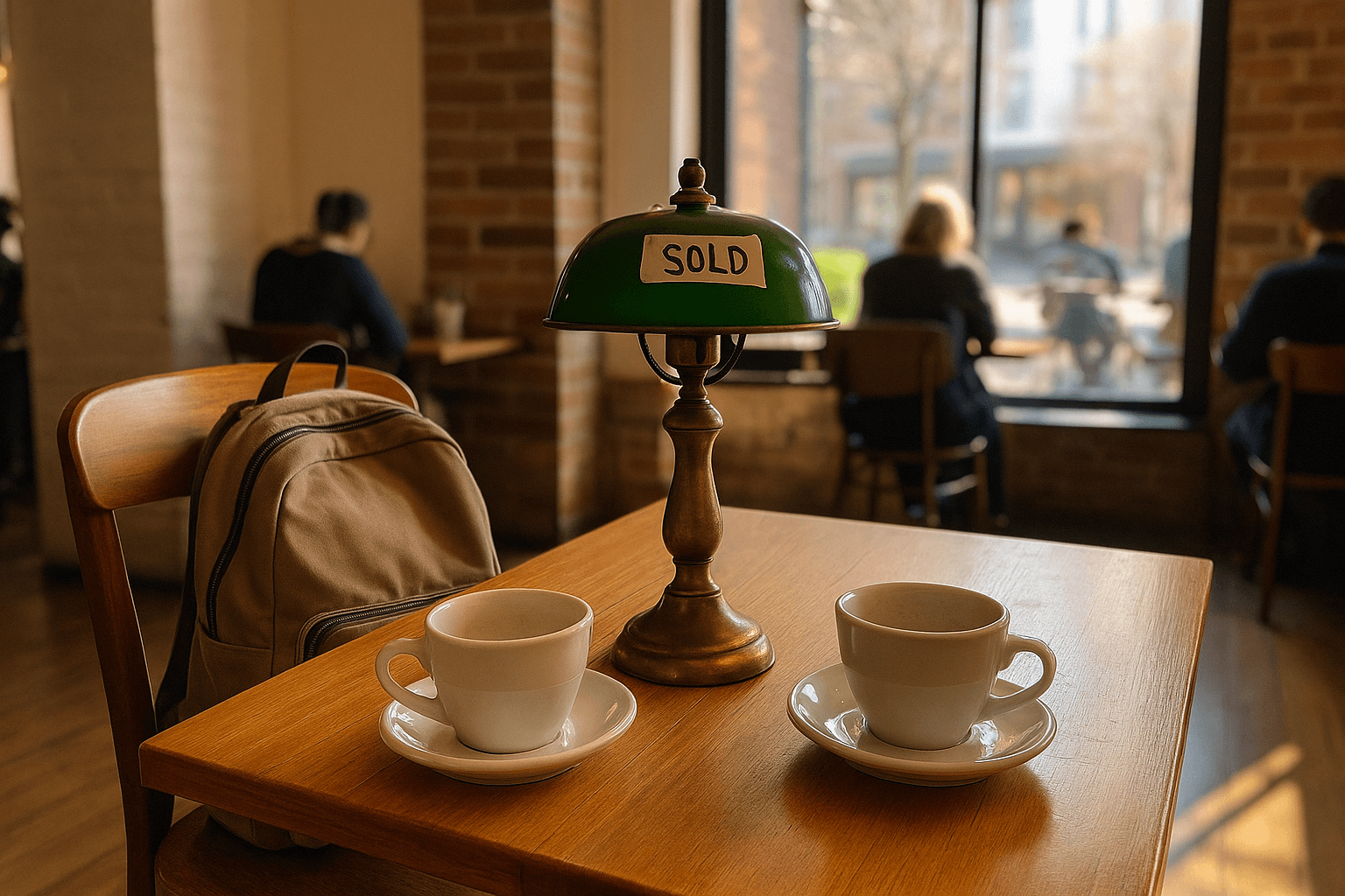 Vintage lamp with SOLD tag on a coffee shop table with two cups, showing a safe public meetup location for marketplace transactions