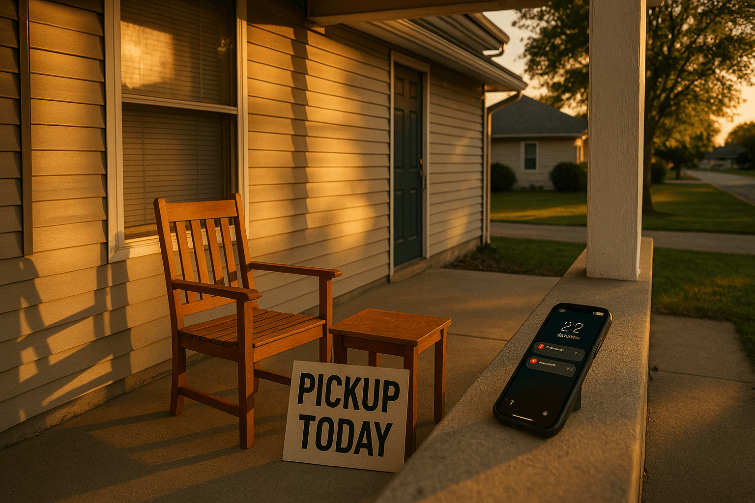 Empty suburban porch with furniture staged for pickup and PICKUP TODAY sign, phone showing missed calls - the feeling of being ghosted by a buyer