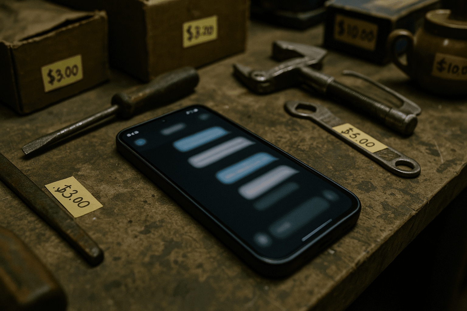 Smartphone with unanswered chat messages laying on cluttered garage workbench surrounded by items with price tags, representing ghosted marketplace conversations