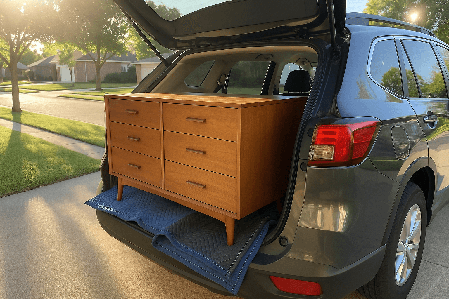 Mid-century modern dresser successfully loaded into SUV trunk on sunny suburban driveway with moving blankets, showing a completed marketplace sale