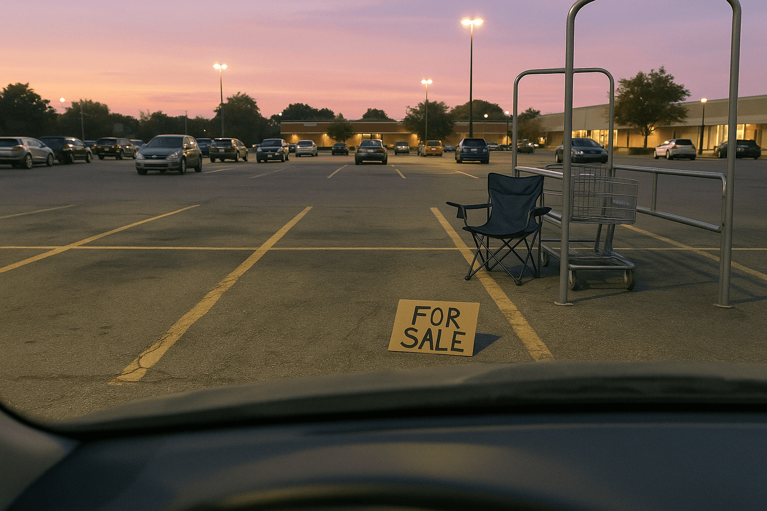 Empty parking lot space at dusk with folding chair and For Sale sign, capturing the feeling of waiting for a buyer who never showed