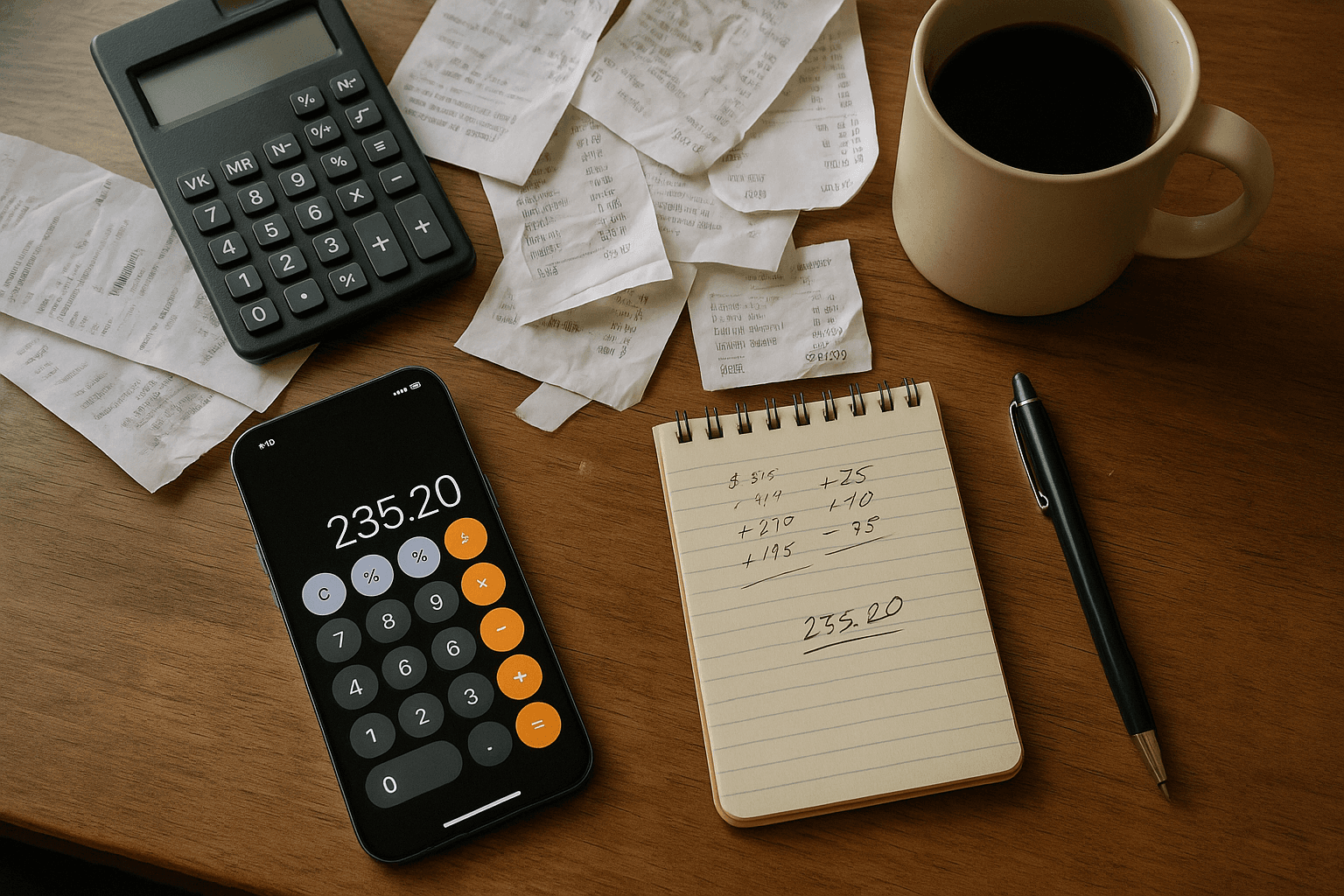 Calculator app and notepad with cost calculations on a desk with receipts and coffee, showing seller tracking no-show expenses