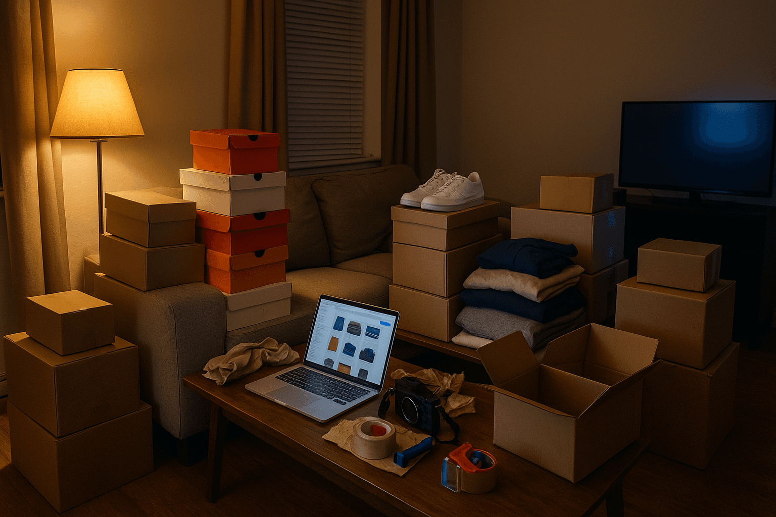 Frustrated seller sitting in an empty parking lot next to a gaming chair with a for sale sign, phone showing no messages