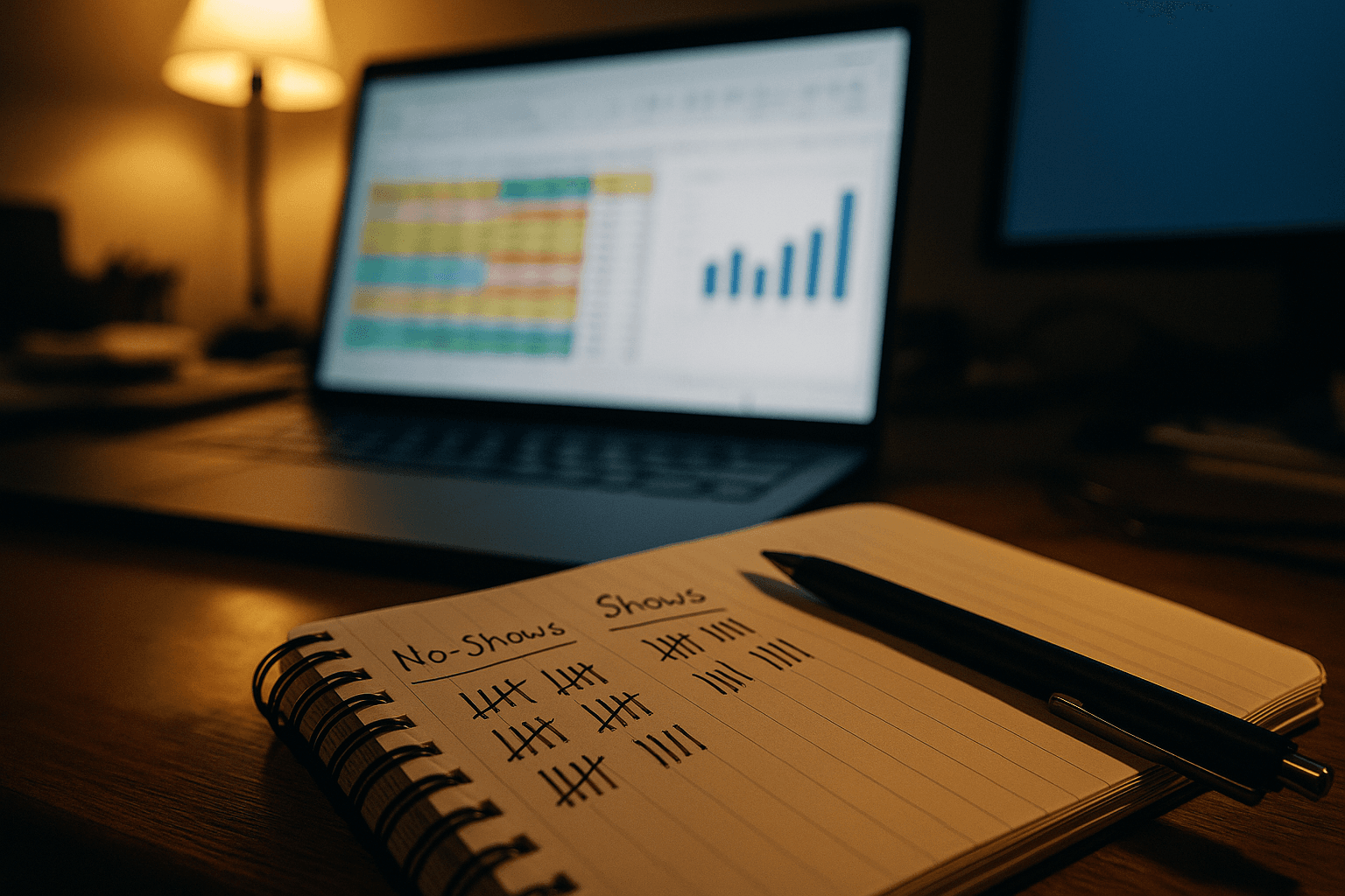 Open laptop showing a spreadsheet with no-show tracking data, coffee cup and notebooks beside it on a home office desk