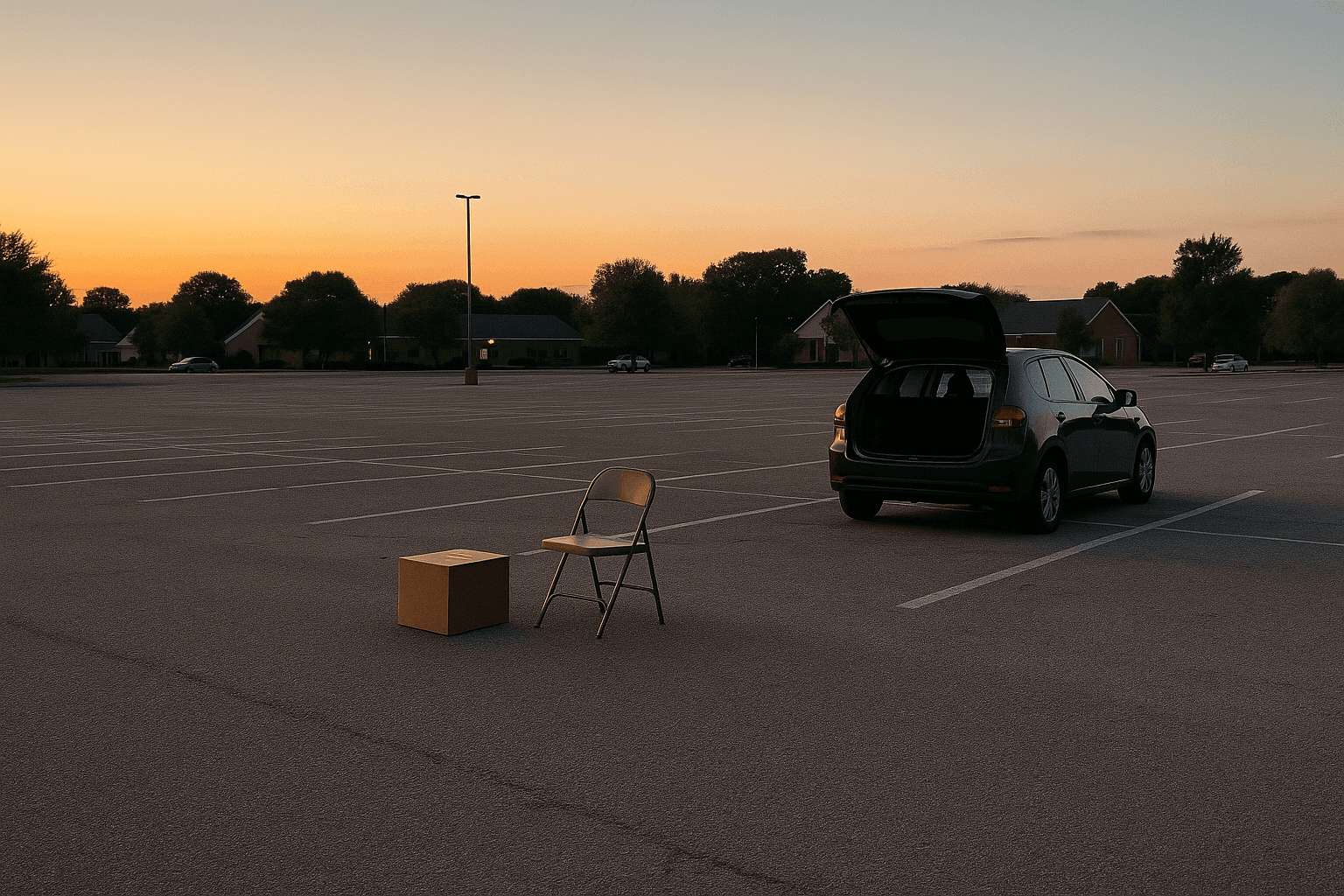Empty parking lot at dusk with a lone folding chair and cardboard box next to a car with open trunk, capturing the feeling of a buyer no-show